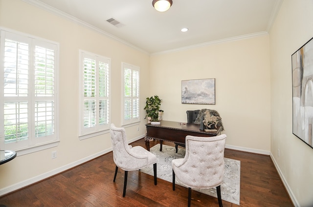 home office featuring dark wood-type flooring and ornamental molding