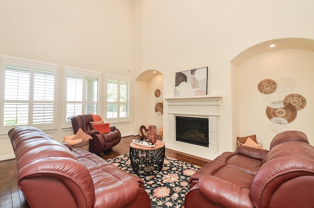 living room with a towering ceiling, wood-type flooring, and plenty of natural light