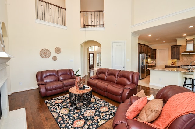 living room with dark hardwood / wood-style flooring and a towering ceiling