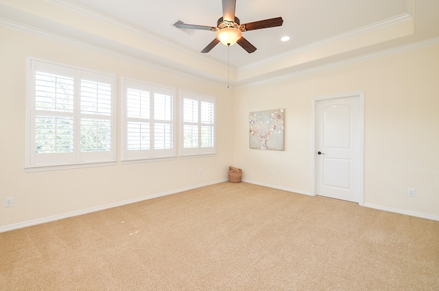 spare room featuring ceiling fan, a raised ceiling, ornamental molding, and light colored carpet