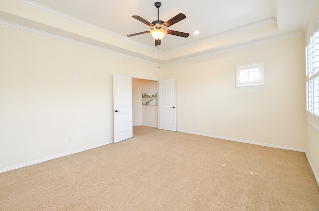 carpeted spare room with ceiling fan, ornamental molding, and a tray ceiling