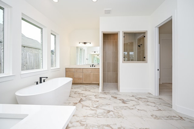 bathroom with vanity and independent shower and bath