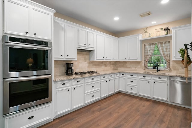 kitchen featuring backsplash, sink, stainless steel appliances, and dark hardwood / wood-style flooring