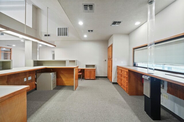 office space with light colored carpet and built in desk