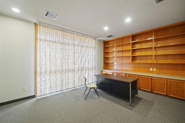 unfurnished office with carpet flooring and built in desk