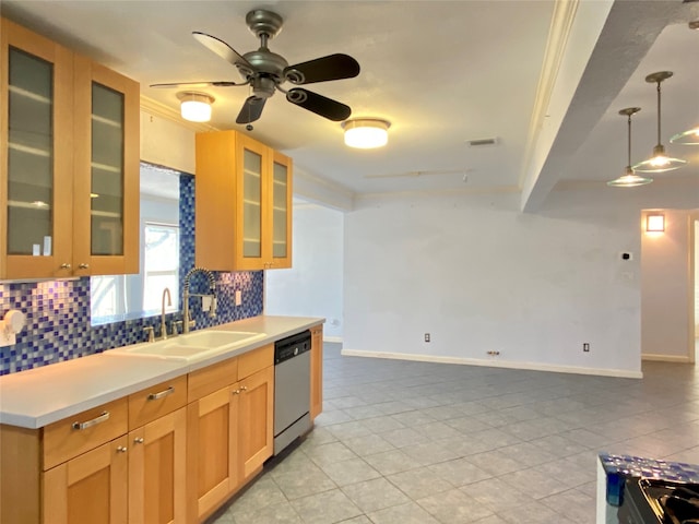 kitchen featuring ceiling fan, stainless steel dishwasher, backsplash, light tile patterned floors, and sink