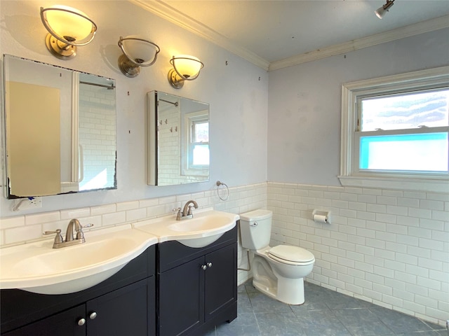 bathroom featuring decorative backsplash, toilet, tile patterned flooring, tile walls, and dual bowl vanity