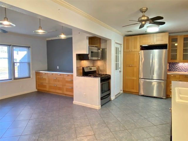 kitchen featuring stainless steel appliances, tasteful backsplash, light tile patterned floors, ceiling fan, and hanging light fixtures