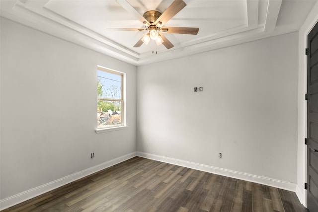 empty room with ceiling fan, a raised ceiling, and wood-type flooring