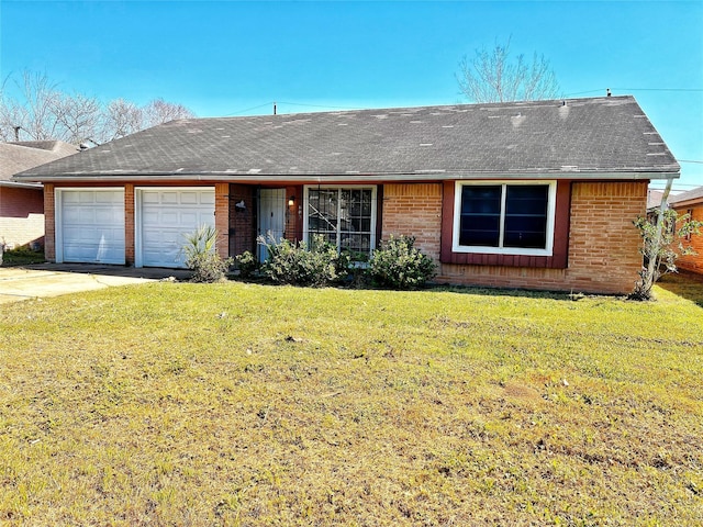 single story home featuring brick siding, roof with shingles, an attached garage, driveway, and a front lawn