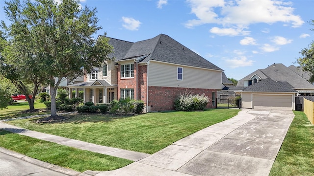 view of front of house featuring a garage, brick siding, a front yard, and fence