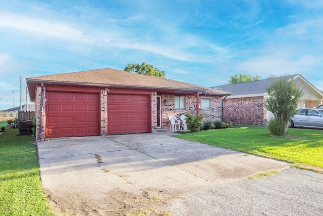 single story home with a garage and a front lawn