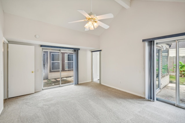 unfurnished bedroom with carpet flooring, ceiling fan, access to exterior, high vaulted ceiling, and beam ceiling