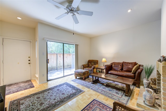 living room with parquet floors and ceiling fan