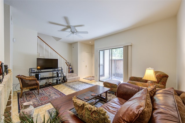 living room featuring ceiling fan