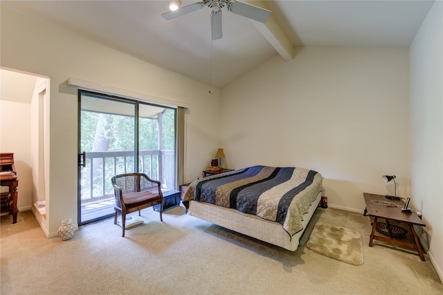 bedroom with carpet flooring, ceiling fan, access to exterior, and lofted ceiling with beams