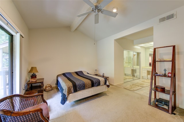 carpeted bedroom featuring ceiling fan, vaulted ceiling with beams, and connected bathroom