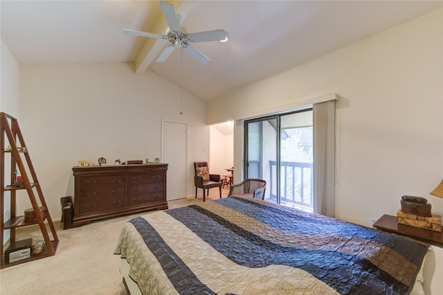 bedroom featuring light carpet, access to exterior, ceiling fan, and vaulted ceiling with beams