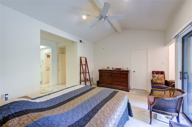 bedroom featuring light carpet, connected bathroom, ceiling fan, and vaulted ceiling with beams