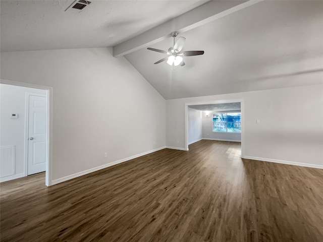 bonus room with lofted ceiling with beams, dark hardwood / wood-style floors, and ceiling fan