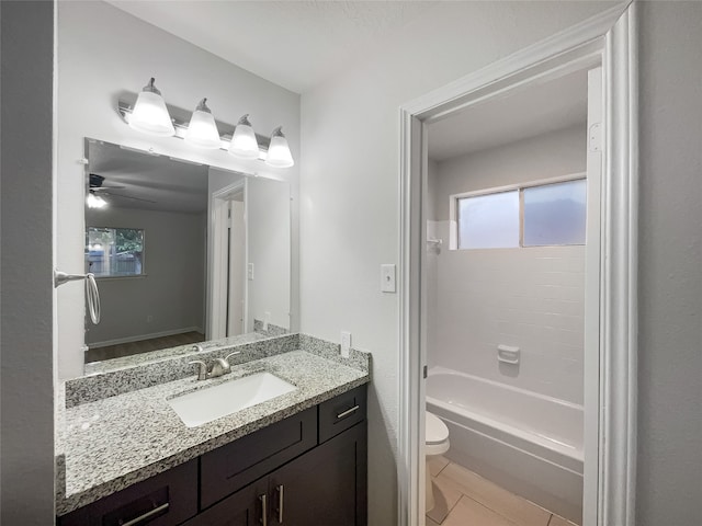 full bathroom with toilet, shower / bathing tub combination, vanity, tile patterned floors, and ceiling fan