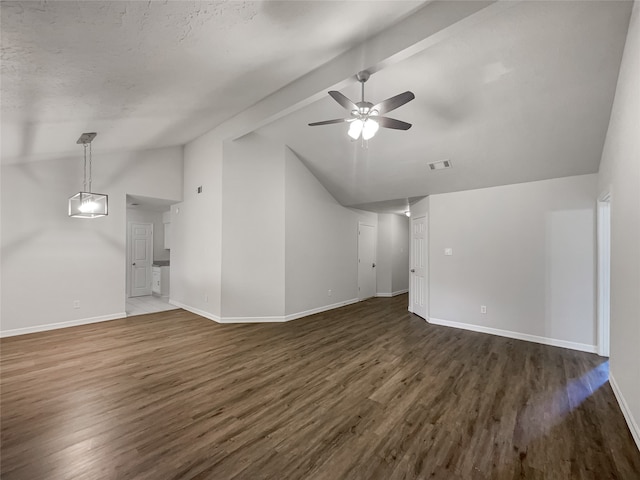 interior space with ceiling fan, high vaulted ceiling, beamed ceiling, and wood-type flooring