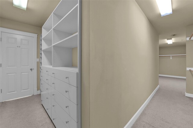 spacious closet featuring light colored carpet