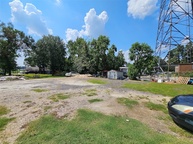 view of yard featuring a storage unit