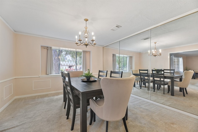 carpeted dining area featuring ornamental molding, a wealth of natural light, and a notable chandelier