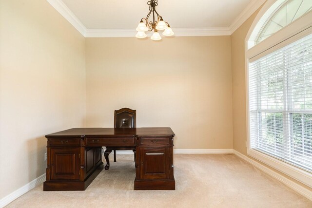 carpeted office space featuring an inviting chandelier and crown molding