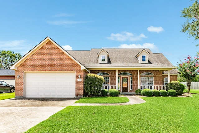 view of front of property with a front yard, a garage, and covered porch