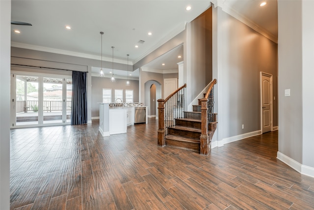 interior space featuring sink, dark wood-type flooring, a high ceiling, and ornamental molding