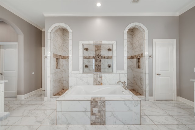 bathroom with tile patterned flooring, separate shower and tub, and crown molding