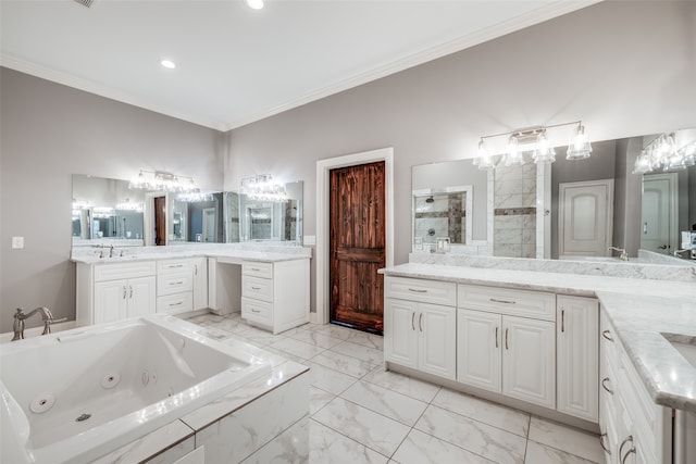 bathroom with ornamental molding, dual bowl vanity, and tile patterned flooring