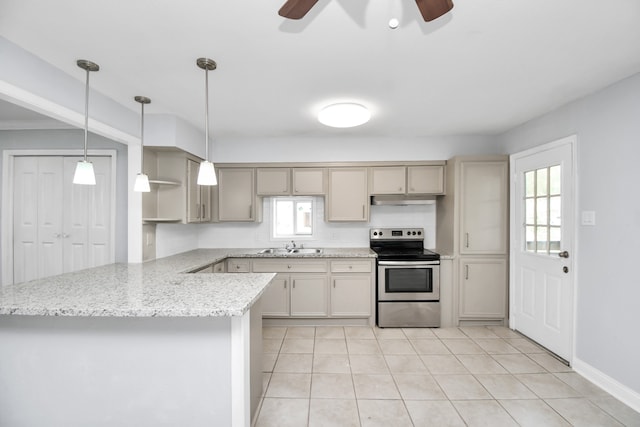 kitchen featuring kitchen peninsula, pendant lighting, stainless steel range with electric cooktop, ceiling fan, and light tile patterned flooring