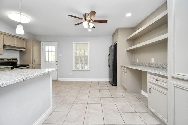 kitchen with ceiling fan, appliances with stainless steel finishes, light tile patterned flooring, and pendant lighting