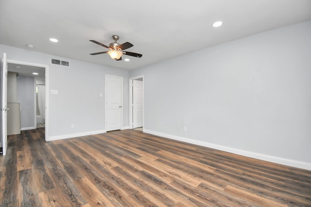 unfurnished bedroom with ceiling fan and hardwood / wood-style flooring