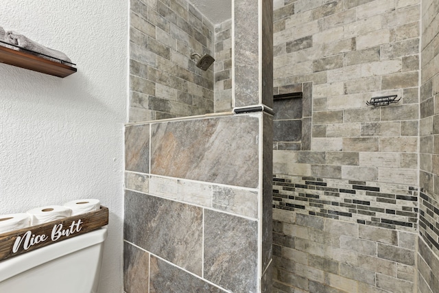 details with a textured wall, toilet, and walk in shower