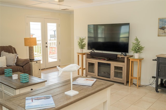 living room featuring ornamental molding, french doors, light tile patterned flooring, and visible vents
