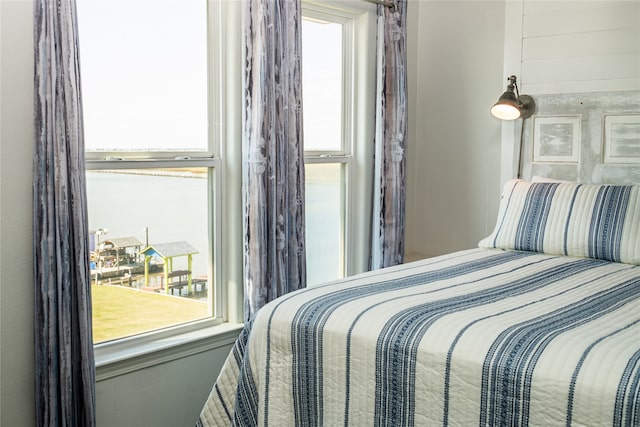 bedroom featuring a water view and multiple windows