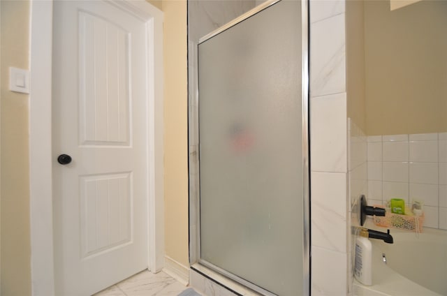 bathroom with plus walk in shower and tile patterned flooring