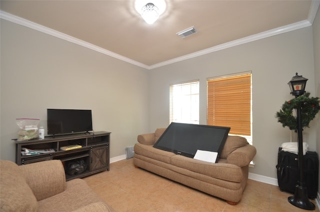 living room featuring light tile patterned floors and crown molding