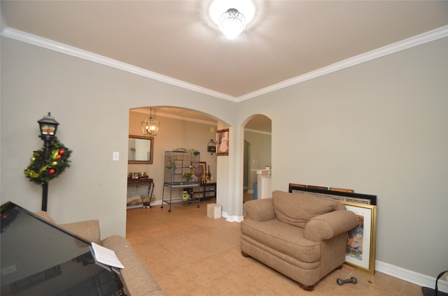 living room featuring light tile patterned floors and ornamental molding