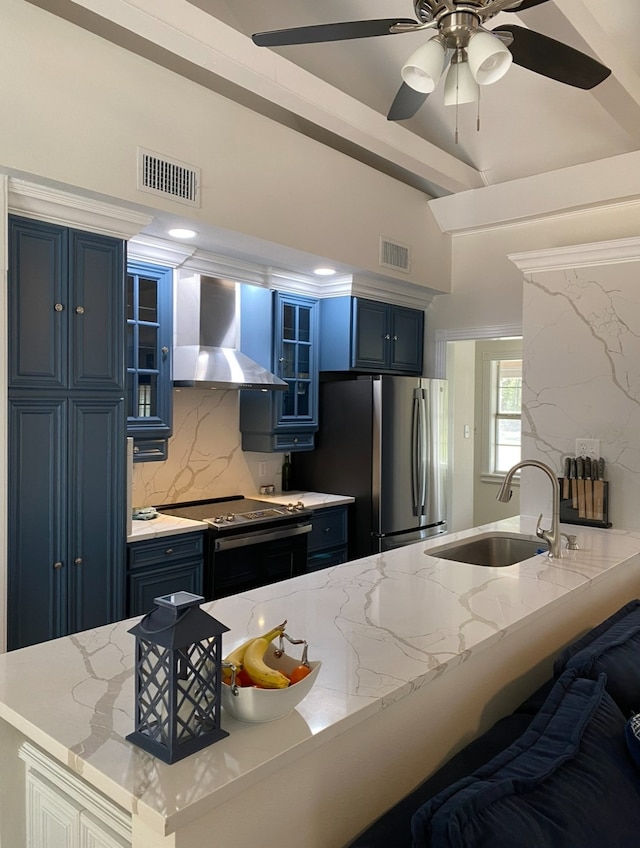 kitchen featuring blue cabinets, sink, backsplash, electric stove, and wall chimney range hood