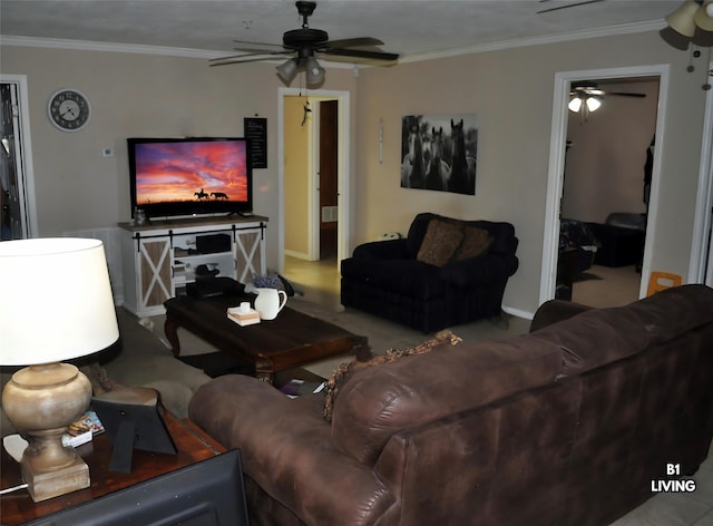 living room with ceiling fan and crown molding