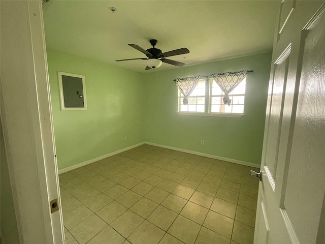 3315 Fm 523rd Rd, Oyster Creek, TX 77541 - empty room featuring baseboards, ceiling fan, electric panel, and light tile patterned flooring