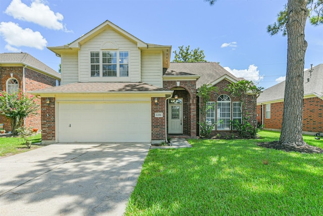 view of front of property with a garage, brick siding, concrete driveway, roof with shingles, and a front yard