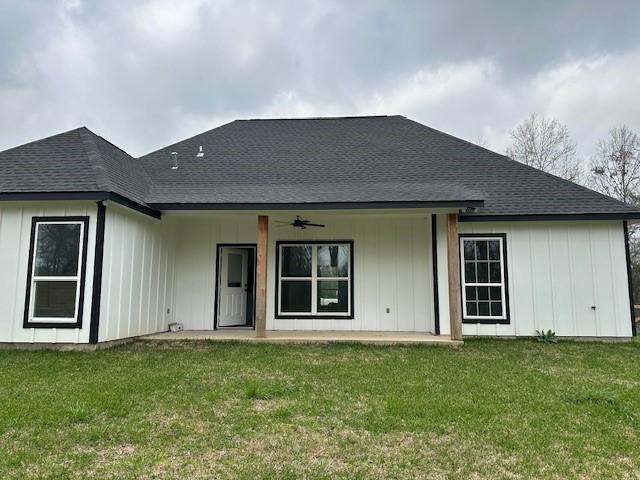 24629 Waterford St, Hempstead, TX 77445 - back of property featuring a yard, ceiling fan, a shingled roof, and a patio area