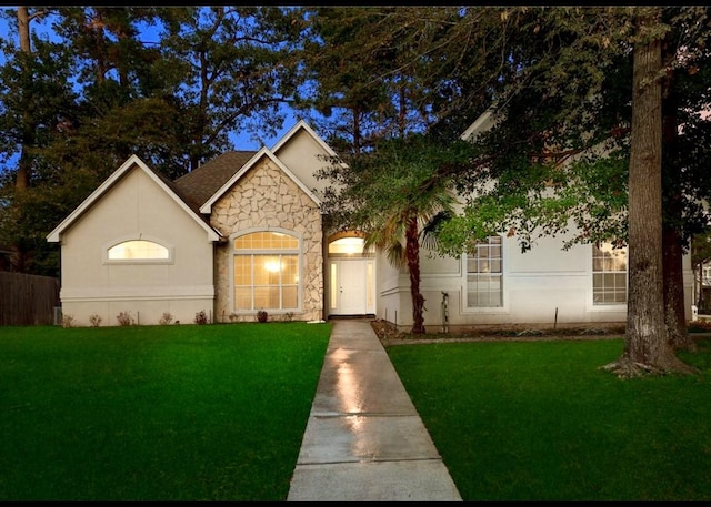 view of front facade featuring stone siding and a front lawn