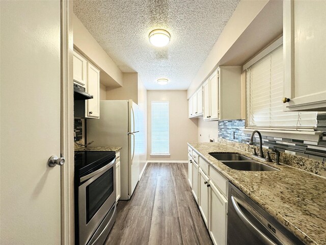 kitchen featuring under cabinet range hood, stainless steel appliances, dark wood-style flooring, a sink, and decorative backsplash